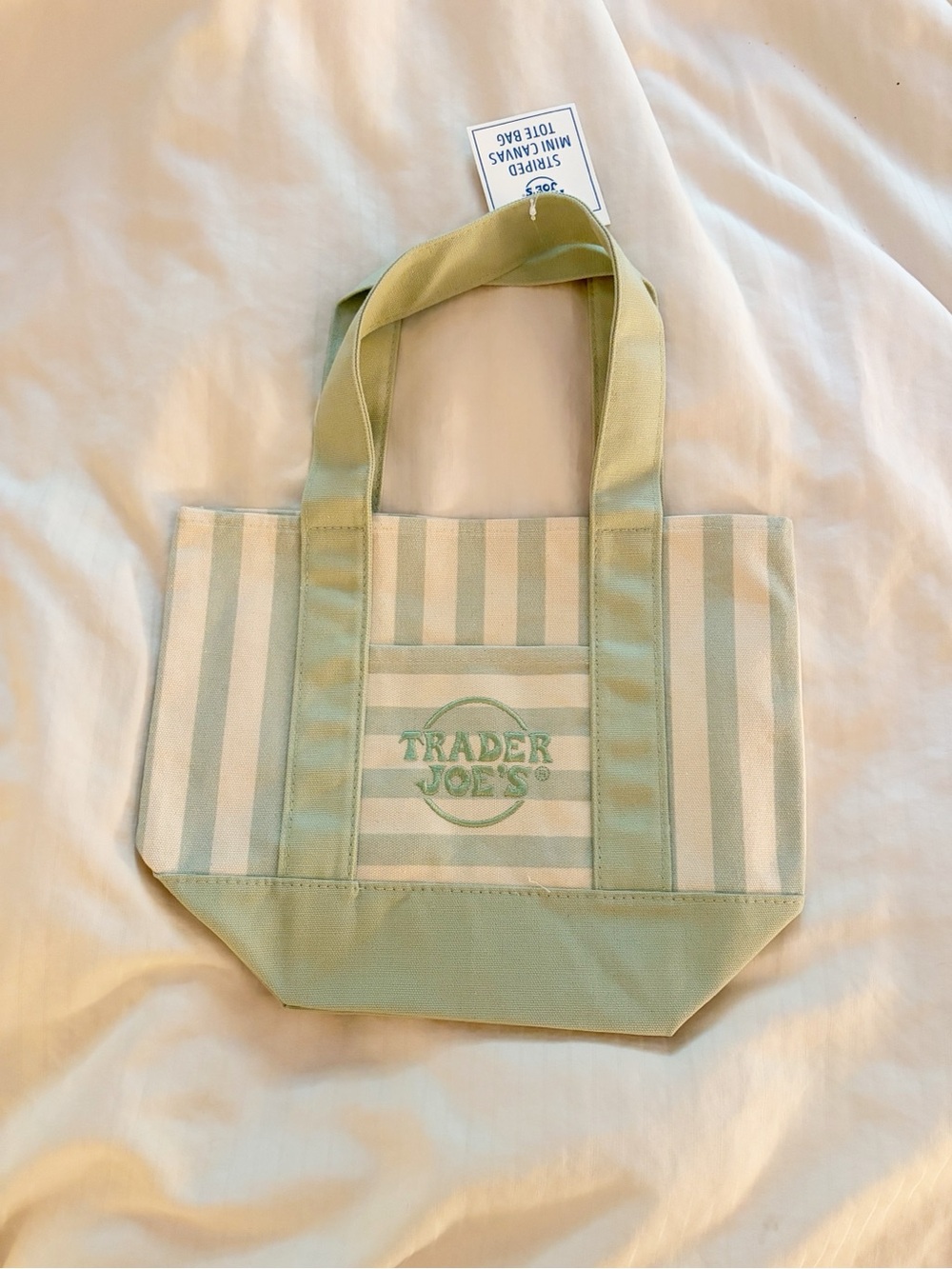 NWT Trader Joes Mint Green Striped Canvas Mini Tote Bag
